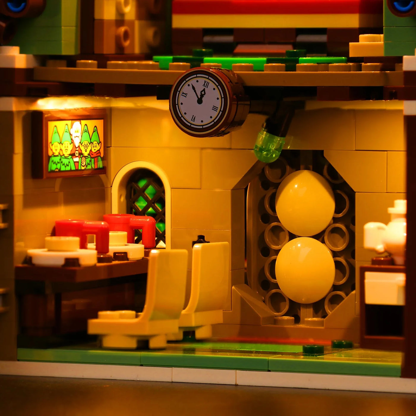 LEGO® Icons Elf Club House #10275 lighting effect on the build, with the USB-powered LED light kit