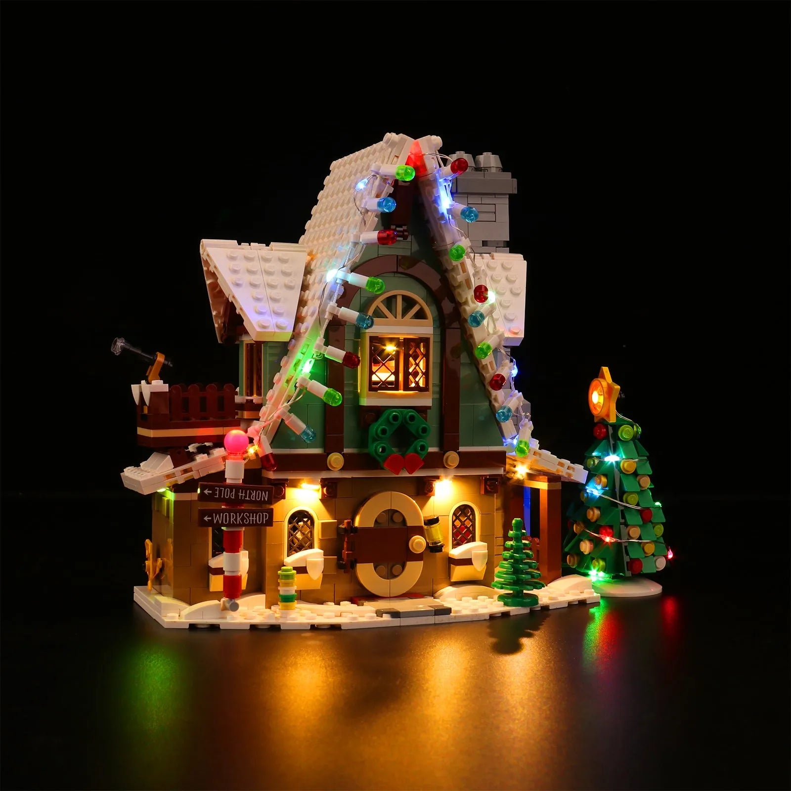 LEGO Icons Elf Club House #10275 illuminated at night