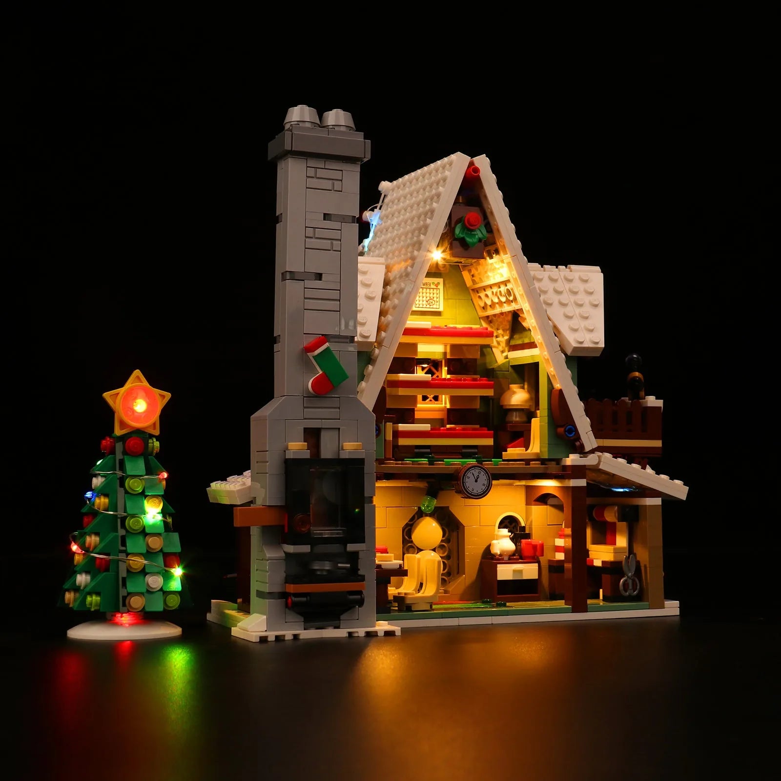 Close-up of LED lights on LEGO Icons Elf Club House #10275