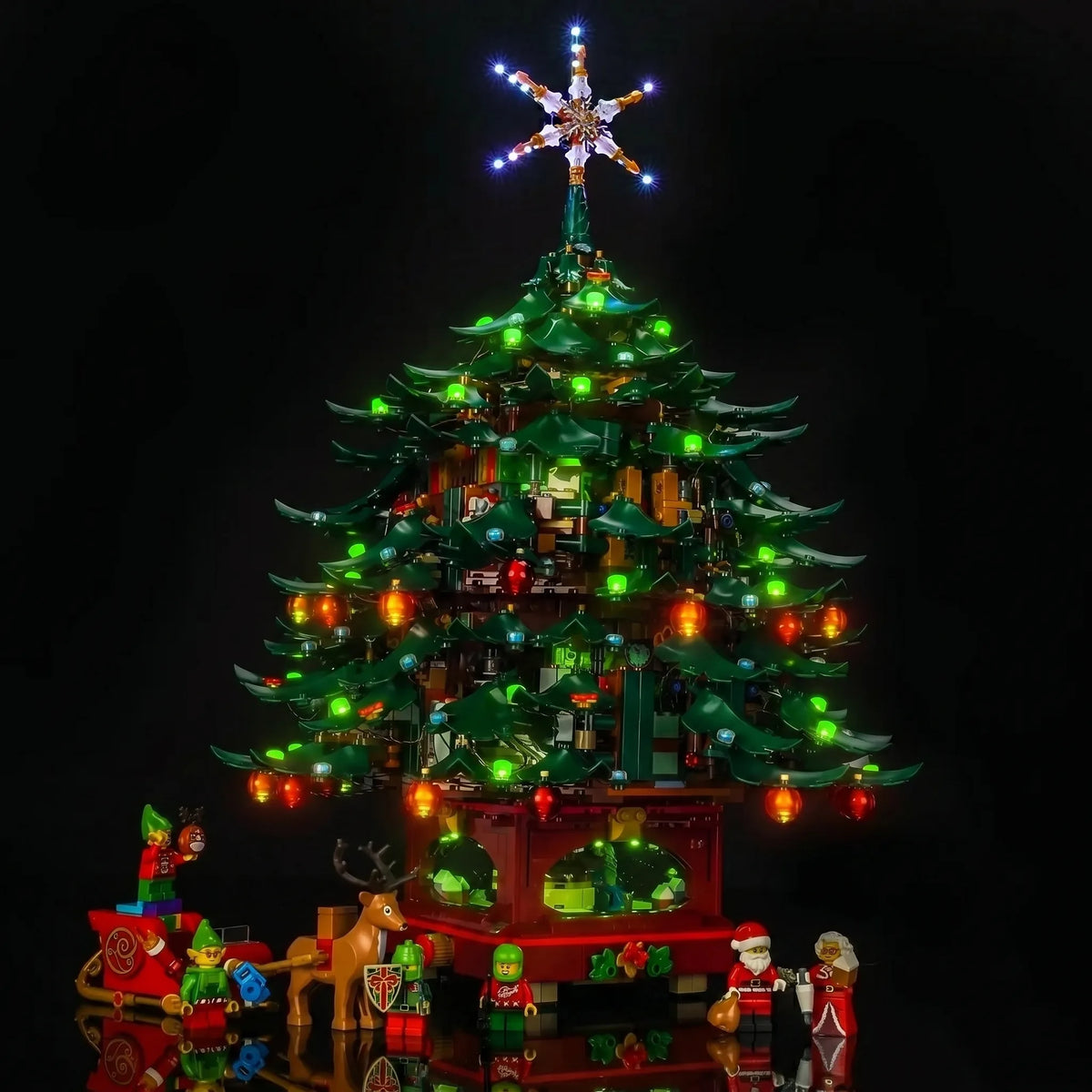 LEGO® Icons Family Christmas Tree #41843 — before-and-after lighting (USB-powered LED light kit)