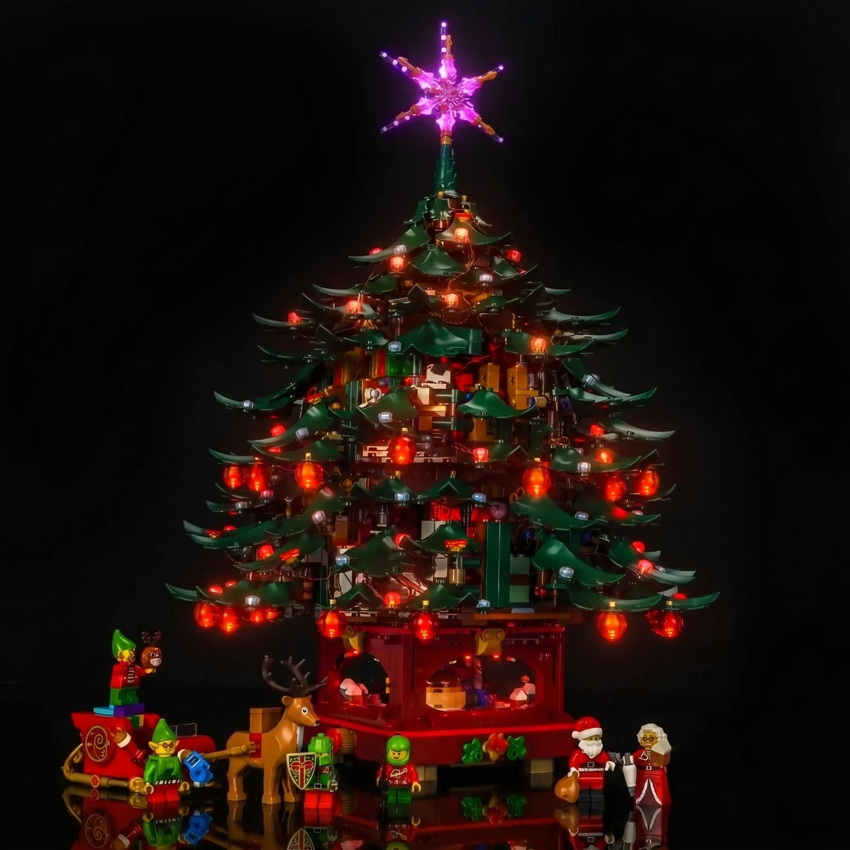 LEGO® Icons Family Christmas Tree #41843 — brightened interior detail (LED light kit)