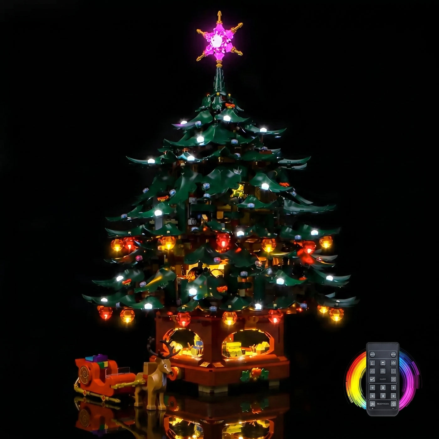 Bright My Bricks LED light kit for LEGO® Icons Family Christmas Tree #41843 — display lighting in a dark room