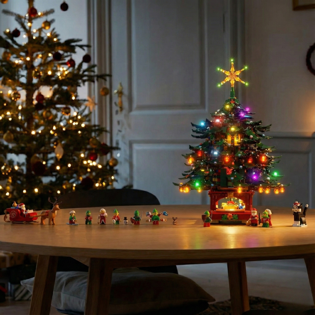 LEGO® Icons Family Christmas Tree #41843 — side angle with lights on (RGB LED light kit)