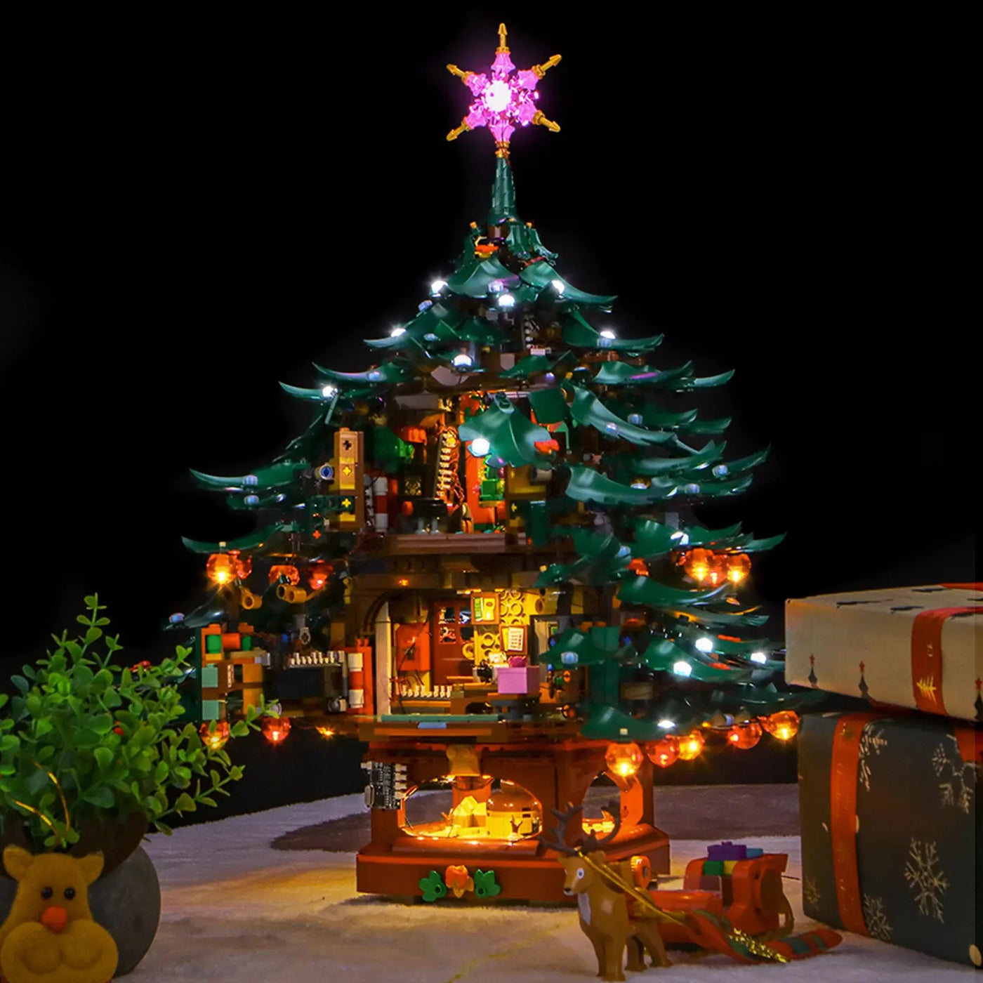 showcase lighting view: Bright My Bricks USB-powered LED light kit for LEGO® Icons Family Christmas Tree #41843