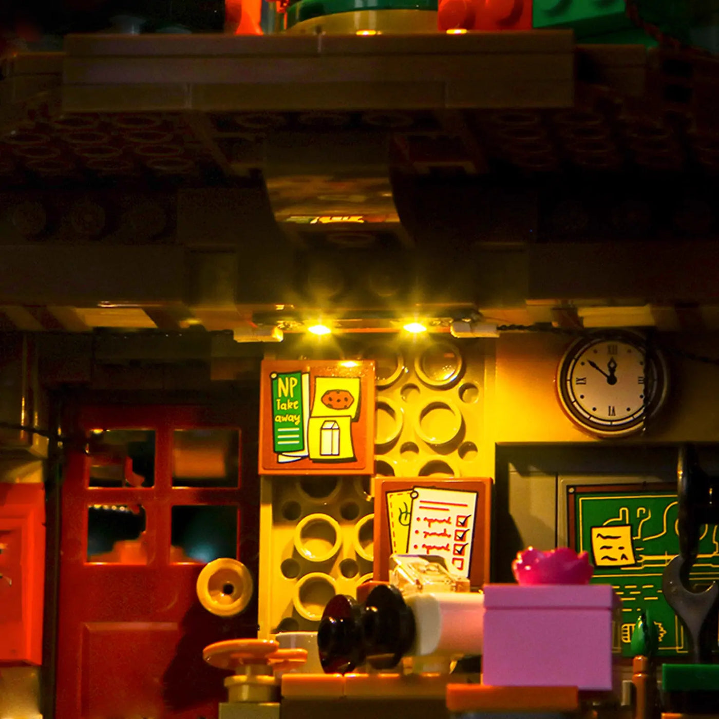 LEGO® Icons Family Christmas Tree #41843 showcase lighting view, with the custom LED lighting
