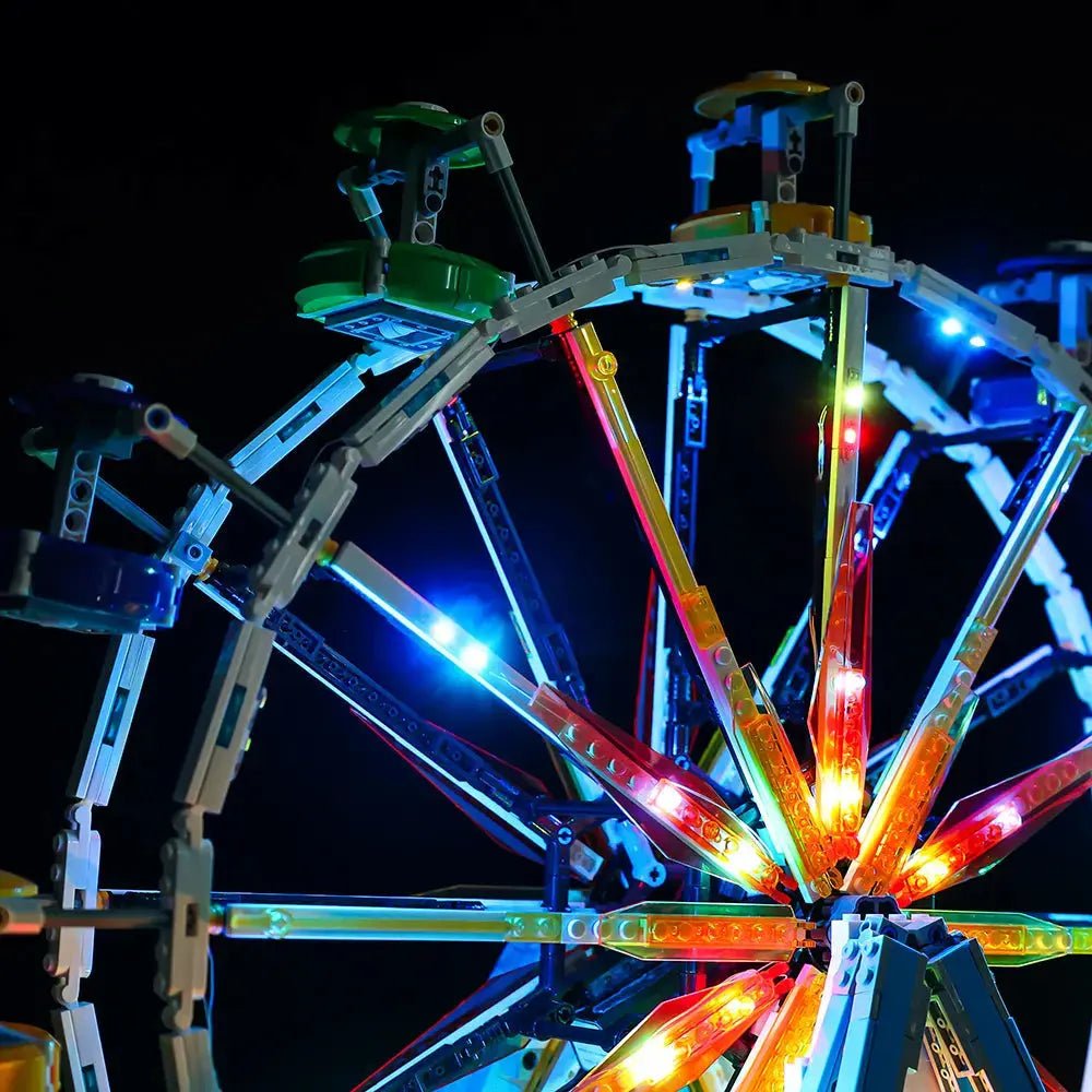 LEGO® Icons Ferris Wheel #10247 night-mode display glow, with the light kit