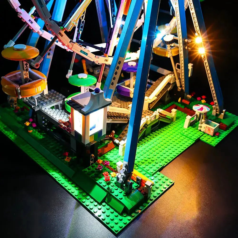 Close-up of LED lights on LEGO Icons Ferris Wheel #10247