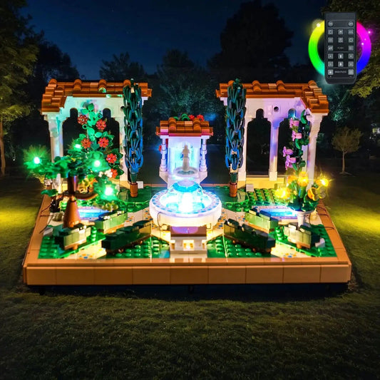 close-up of the LED lighting detail: Bright My Bricks premium LED light kit for LEGO® Icons Fountain Garden #10359