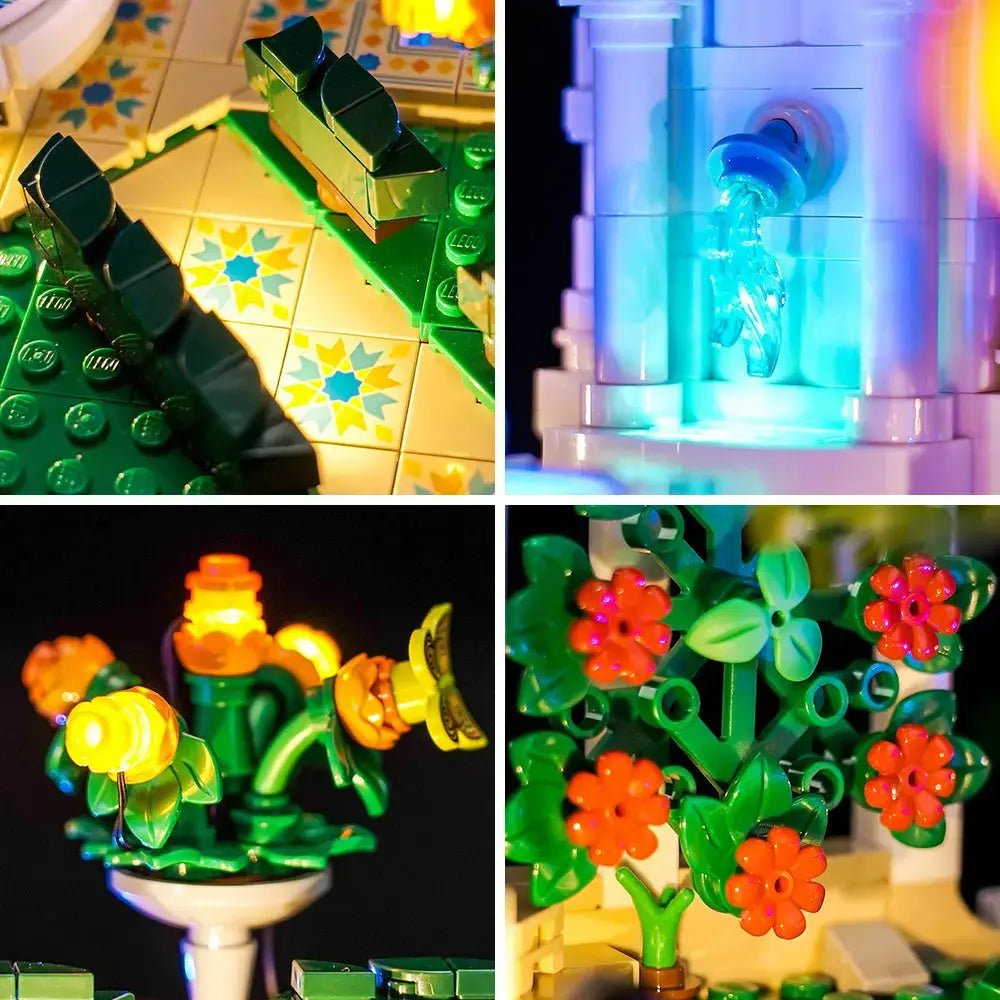 LEGO® Icons Fountain Garden #10359 display lighting in a dark room, with the RGB LED light kit