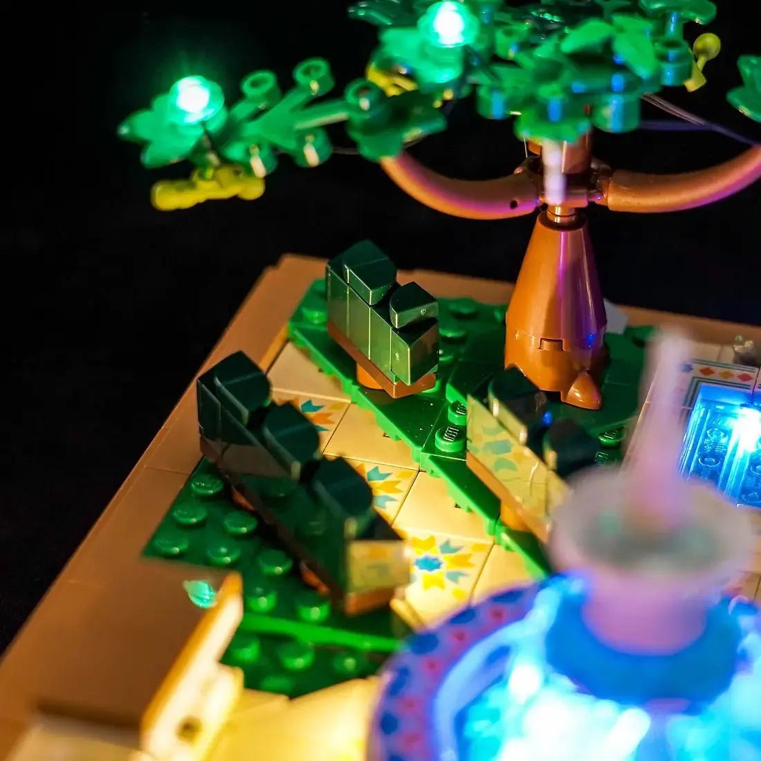 LEGO® Icons Fountain Garden #10359 — brightened interior detail (LED light kit)