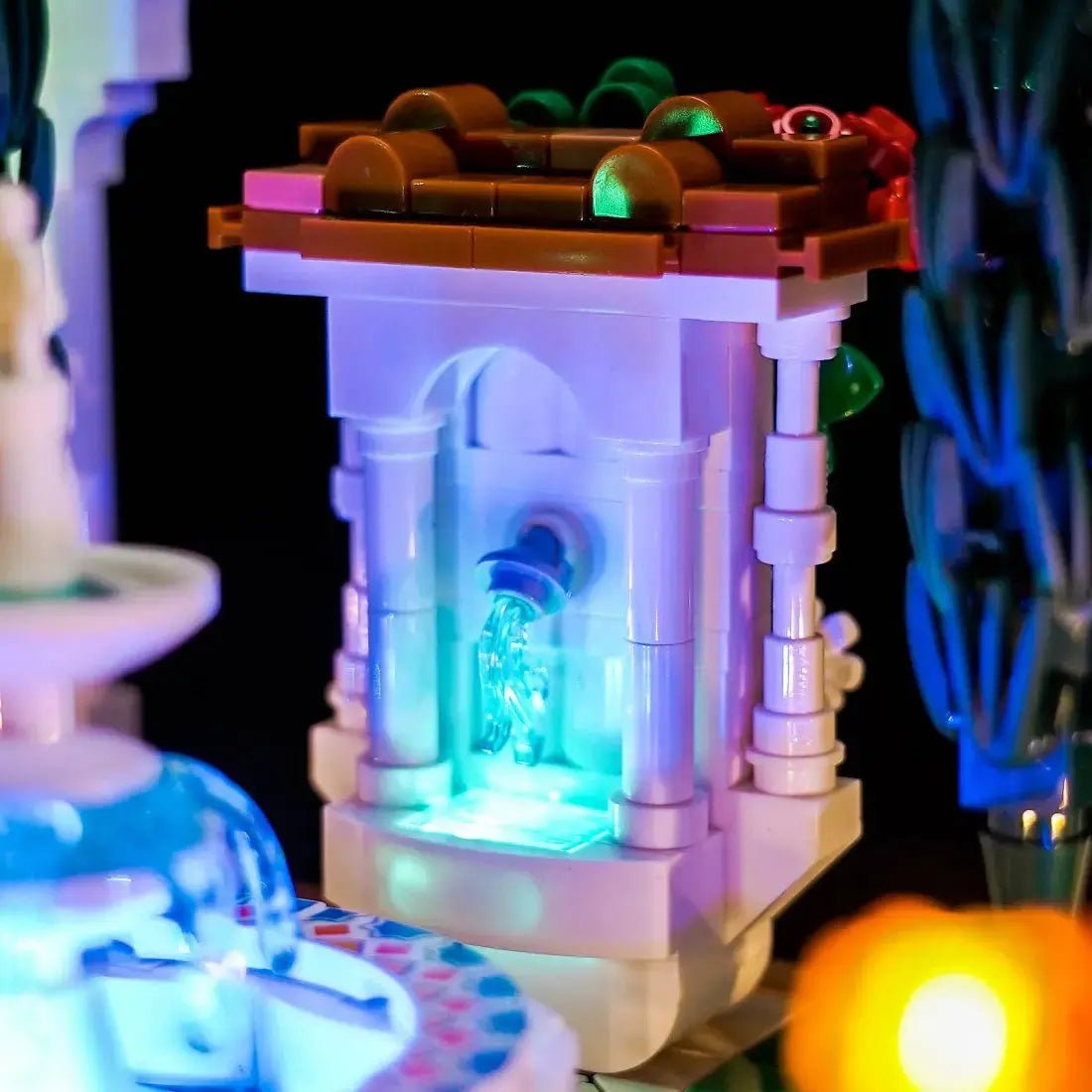 LED strips and bricks detail: Bright My Bricks premium LED light kit for LEGO® Icons Fountain Garden #10359