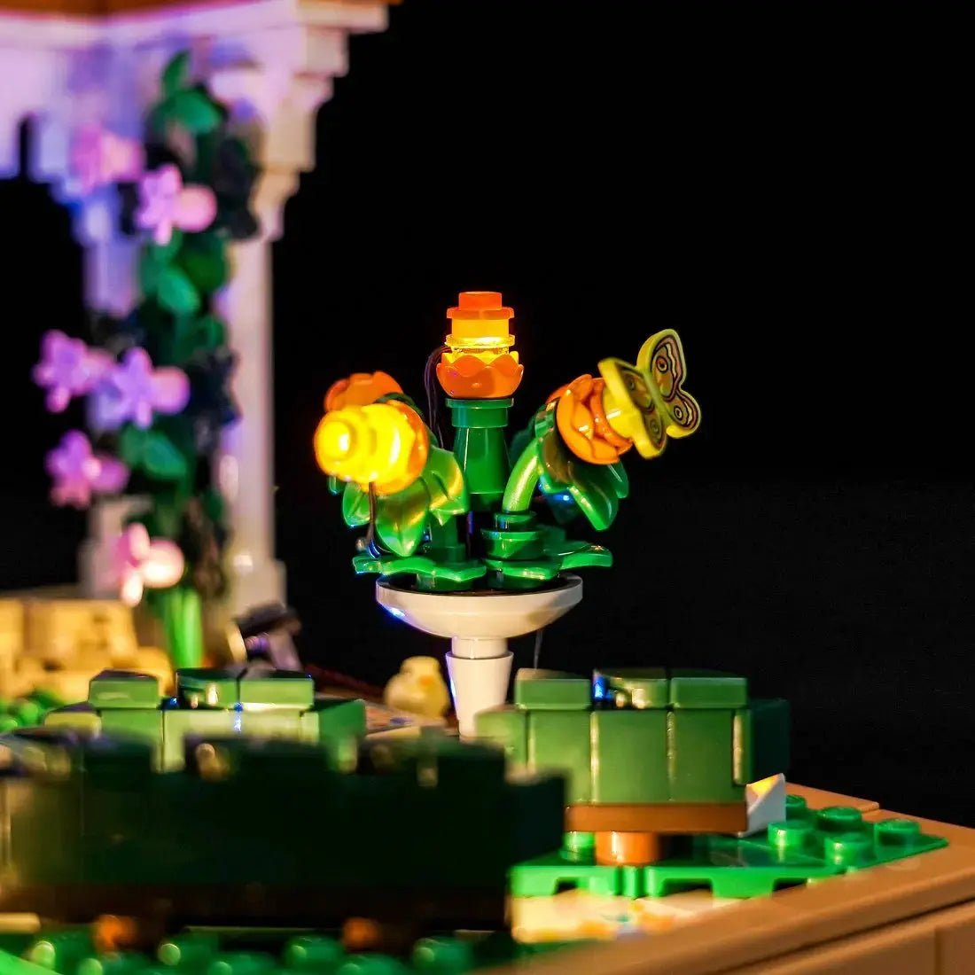 Bright My Bricks LED light kit for LEGO® Icons Fountain Garden #10359 — before-and-after lighting
