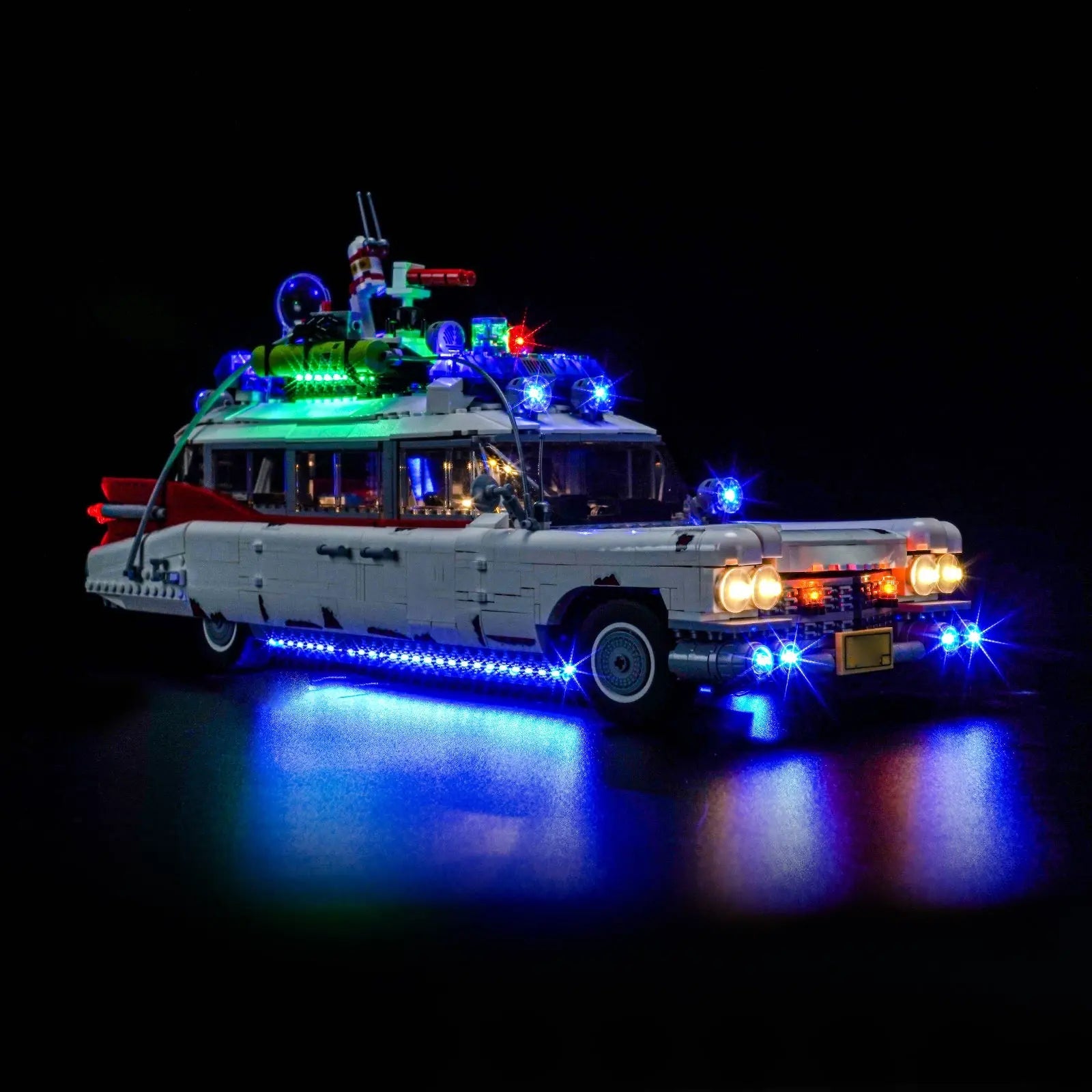 LEGO Icons Ghostbusters ECTO-1 #10274 illuminated at night