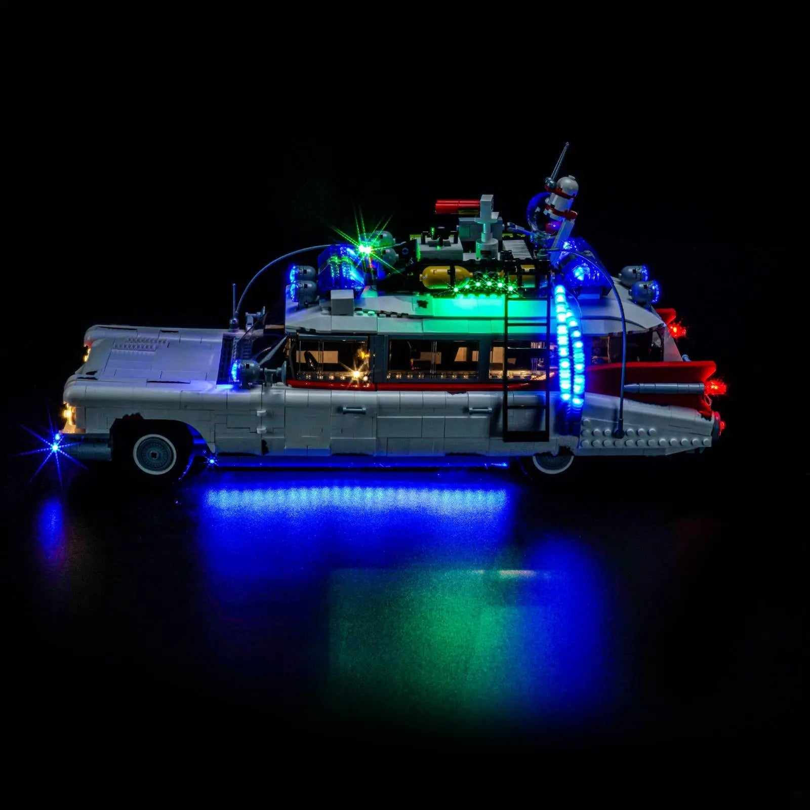Close-up of LED lights on LEGO Icons Ghostbusters ECTO-1 #10274
