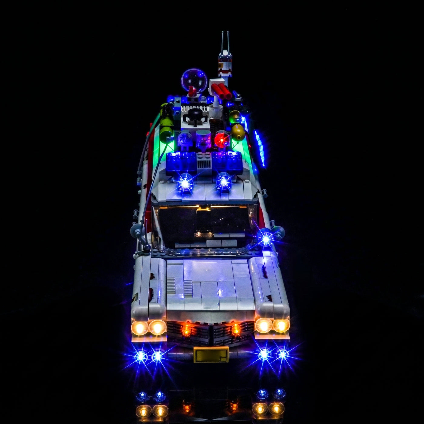 side angle with lights on: Bright My Bricks LED lighting kit for LEGO® Icons Ghostbusters ECTO-1 #10274