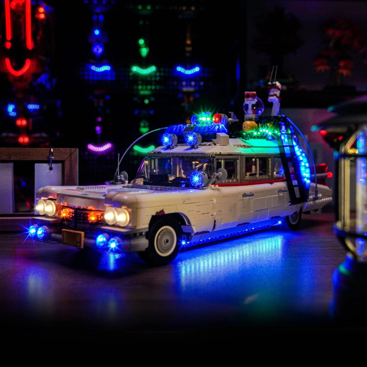 Bright My Bricks custom LED lighting for LEGO® Icons Ghostbusters ECTO-1 #10274 — fully illuminated on display