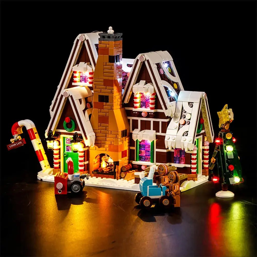 LED light kit for LEGO® Icons Gingerbread House #10267, fully illuminated on display