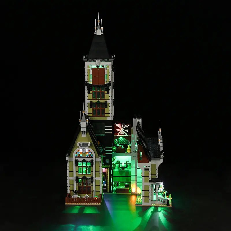 Bright My Bricks DIY LED light kit for LEGO® Icons Haunted House #10273 — illuminated at night