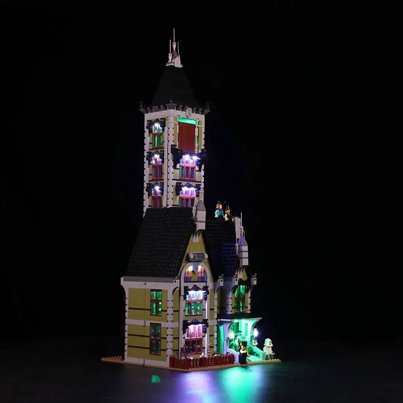 Bright My Bricks LED lighting kit for LEGO® Icons Haunted House #10273 — side angle with lights on
