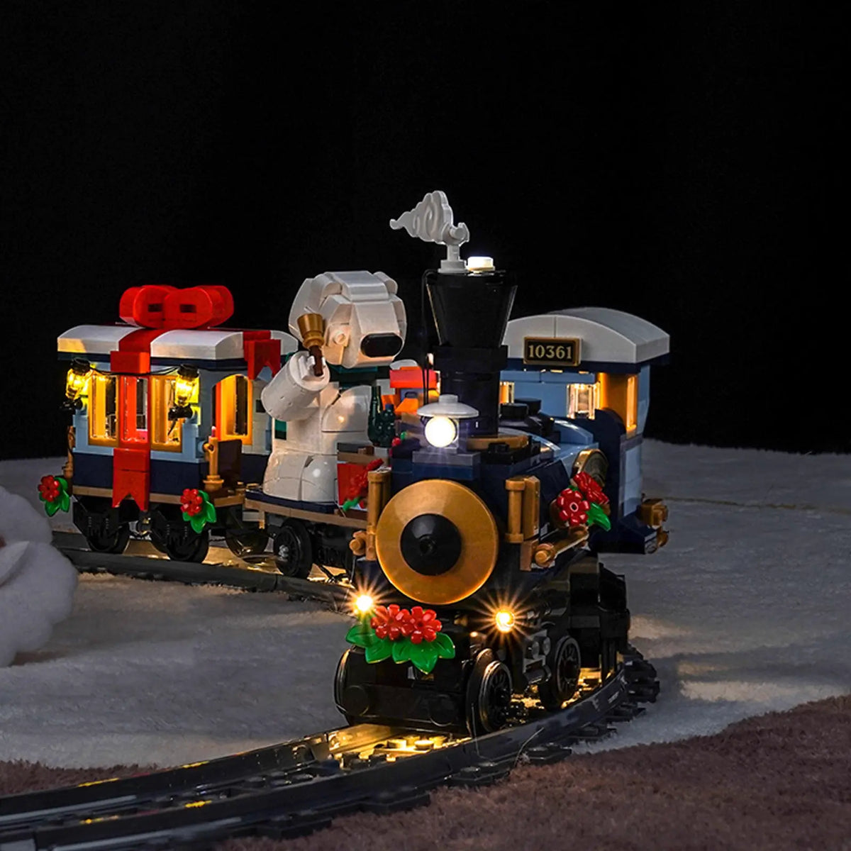 LEGO® Icons Holiday Express Train #10361 LED strips and bricks detail, with the RGB LED light kit