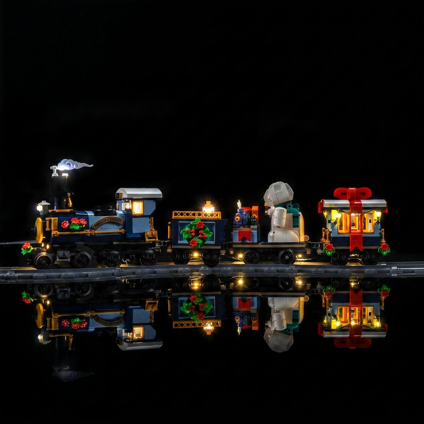 LEGO® Icons Holiday Express Train #10361 — installed and glowing (USB-powered LED light kit)