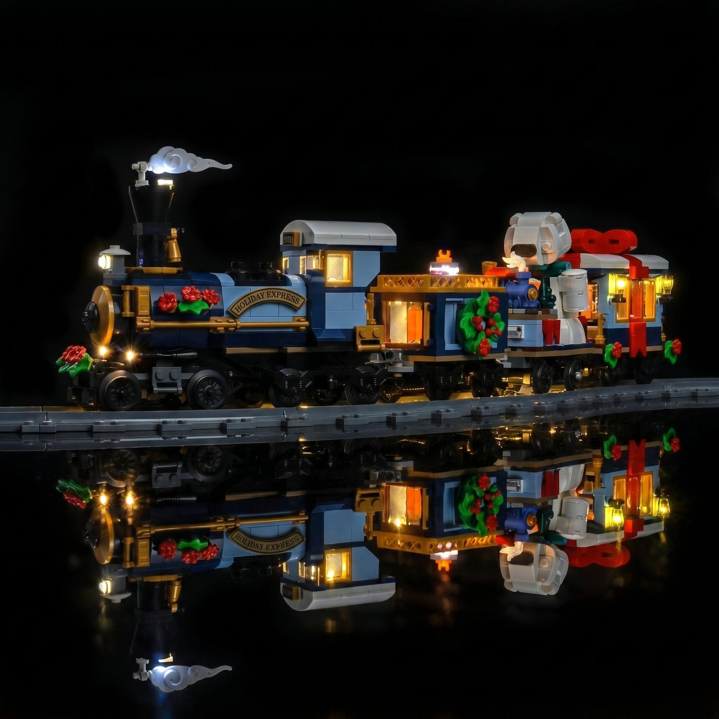 Bright My Bricks display light kit for LEGO® Icons Holiday Express Train #10361 — fully illuminated on display
