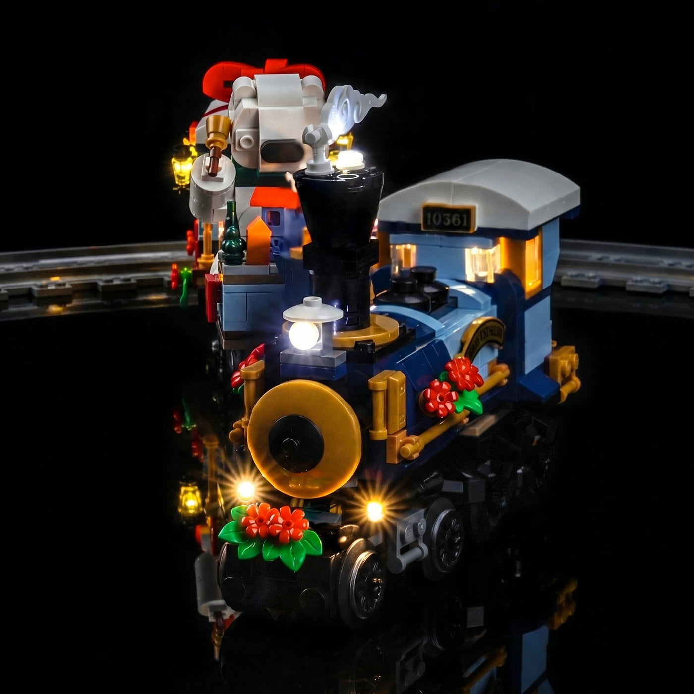 Bright My Bricks premium LED light kit for LEGO® Icons Holiday Express Train #10361 — illuminated at night