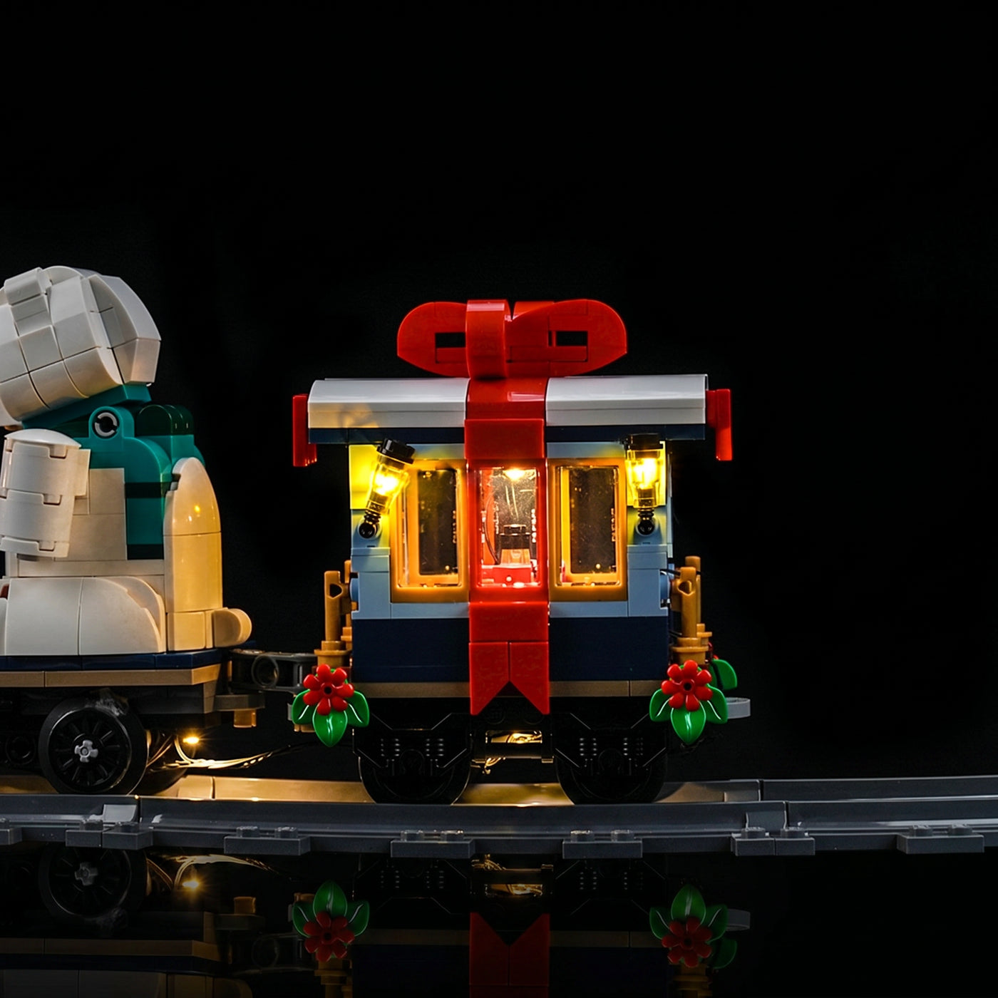 LEGO® Icons Holiday Express Train #10361 lighting effect on the build, with the RGB LED light kit