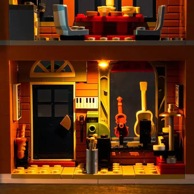 front view fully lit: Bright My Bricks display light kit for LEGO® Icons Holiday Main Street #10308