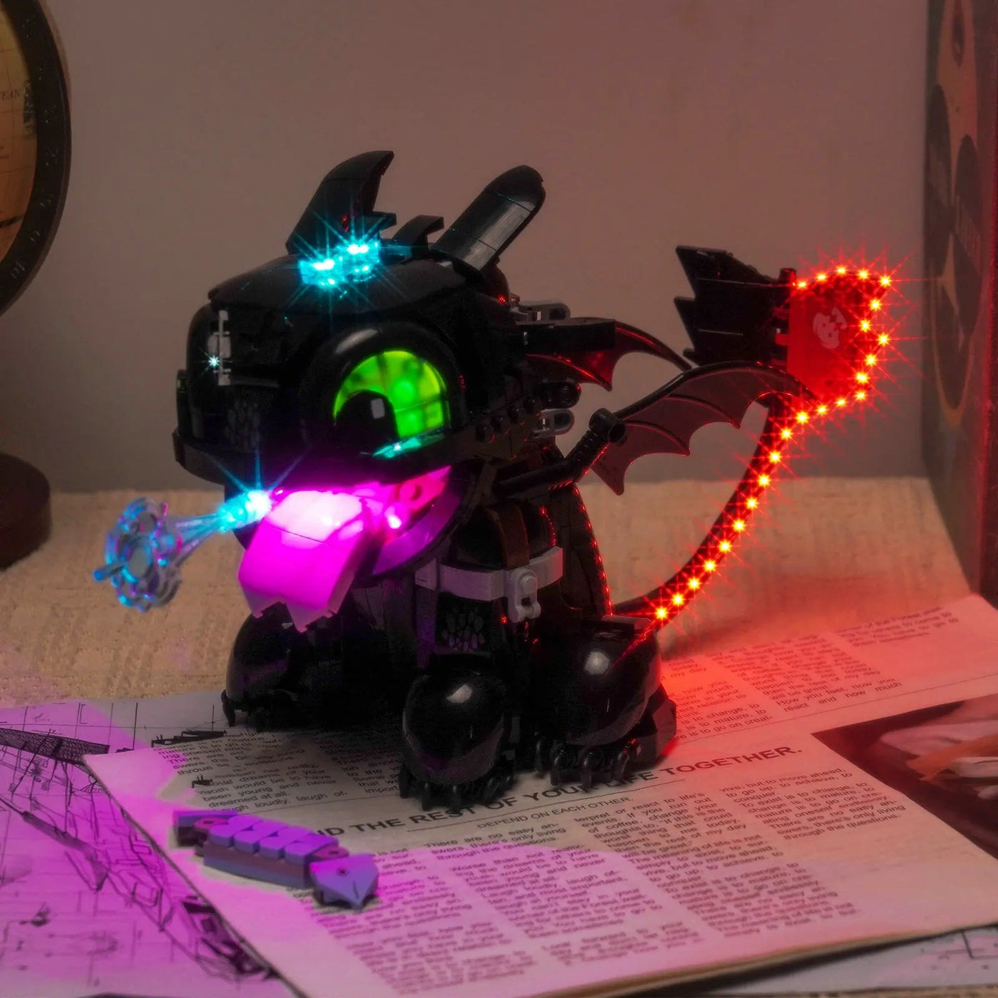 Bright My Bricks light kit for LEGO® Icons How to Train Your Dragon: Toothless #10375 — installed and glowing