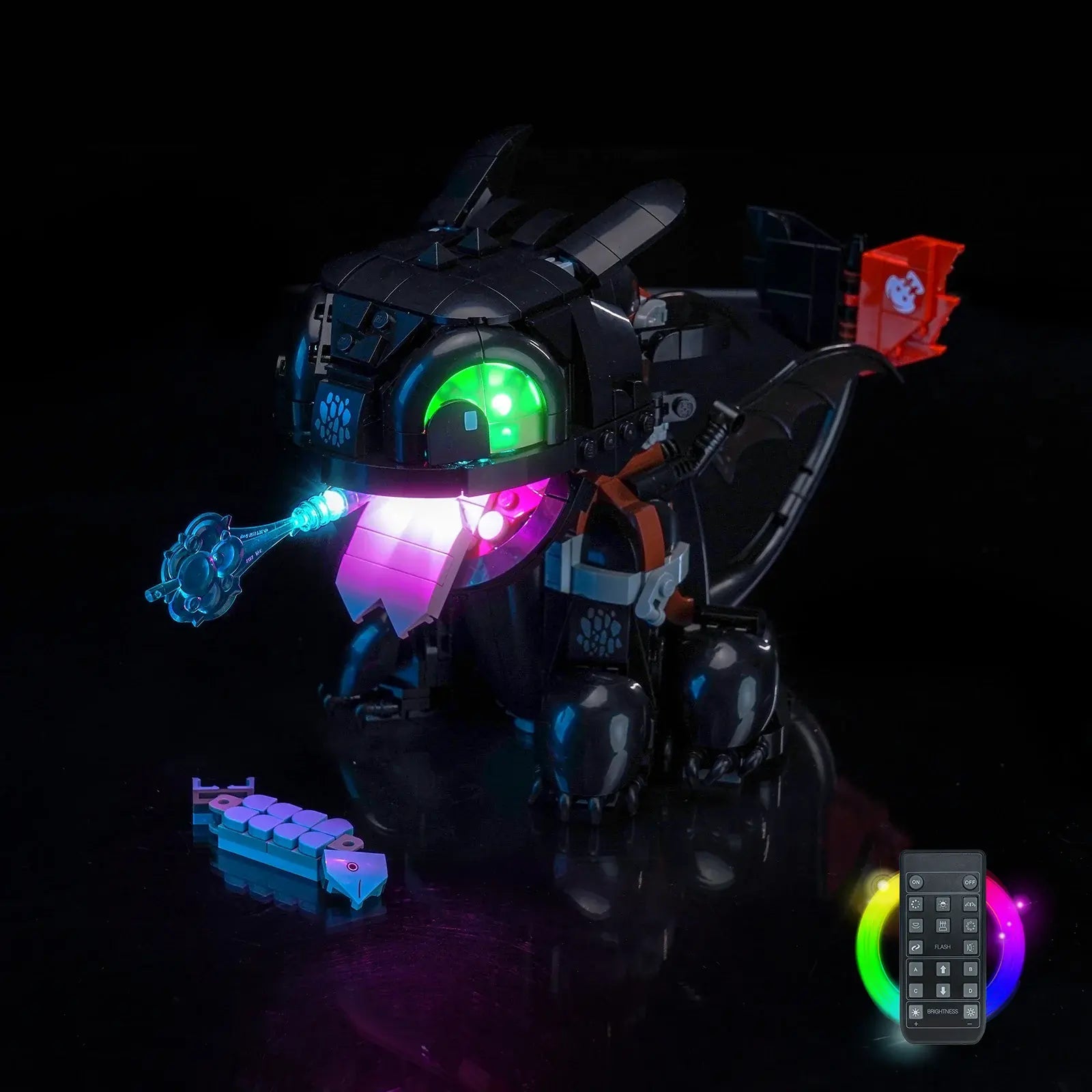Close-up of LED lights on LEGO Icons How to Train Your Dragon: Toothless #10375