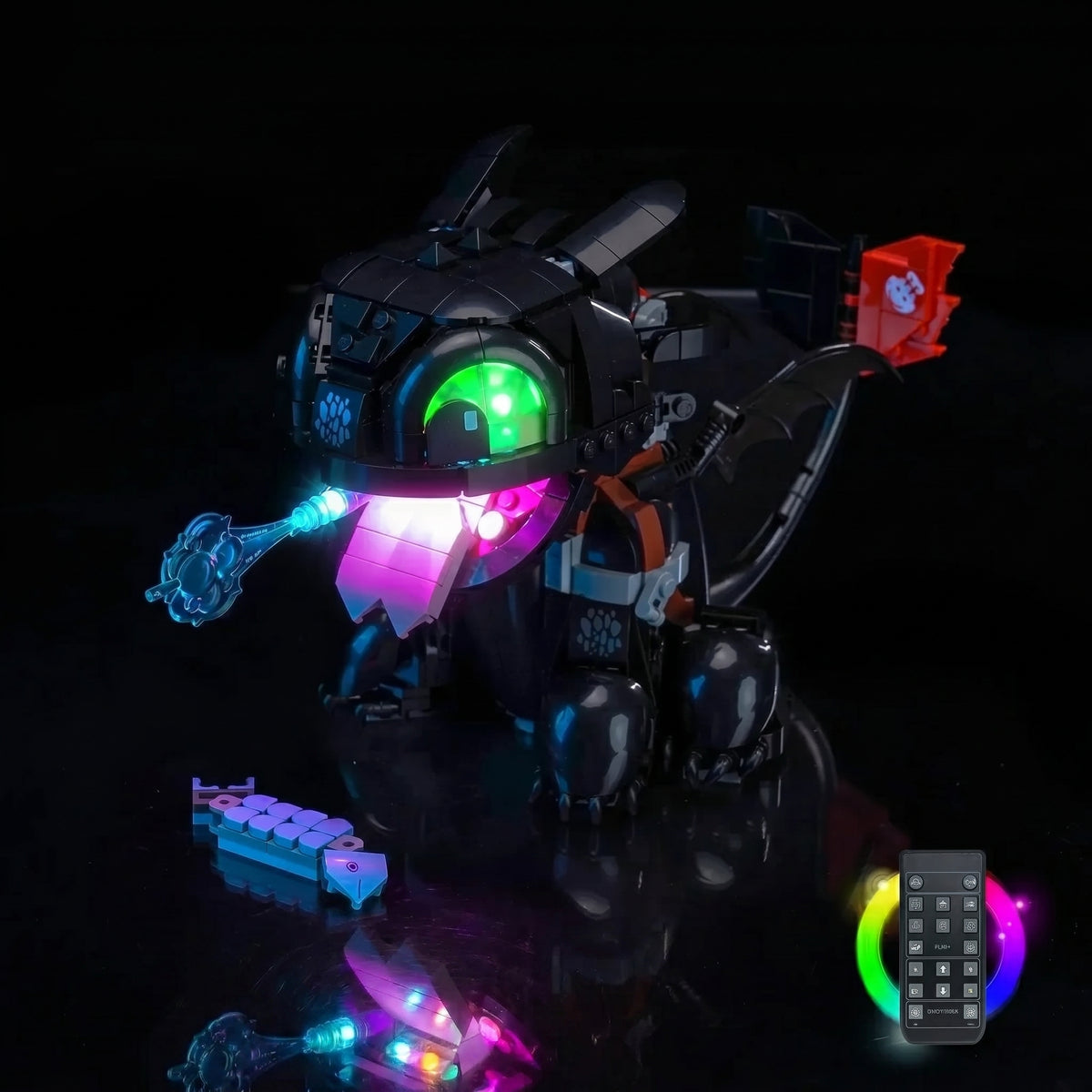 LEGO® Icons How to Train Your Dragon: Toothless #10375 display lighting in a dark room, with the display light kit