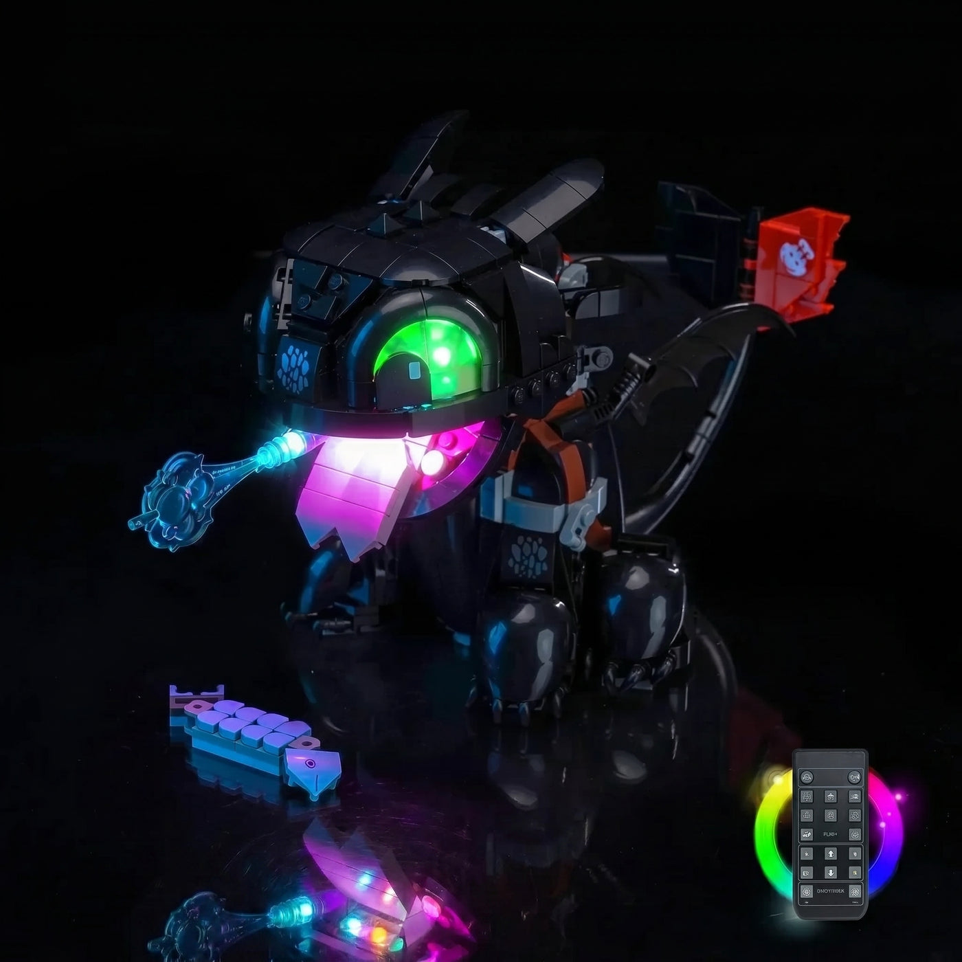 LEGO® Icons How to Train Your Dragon: Toothless #10375 display lighting in a dark room, with the display light kit