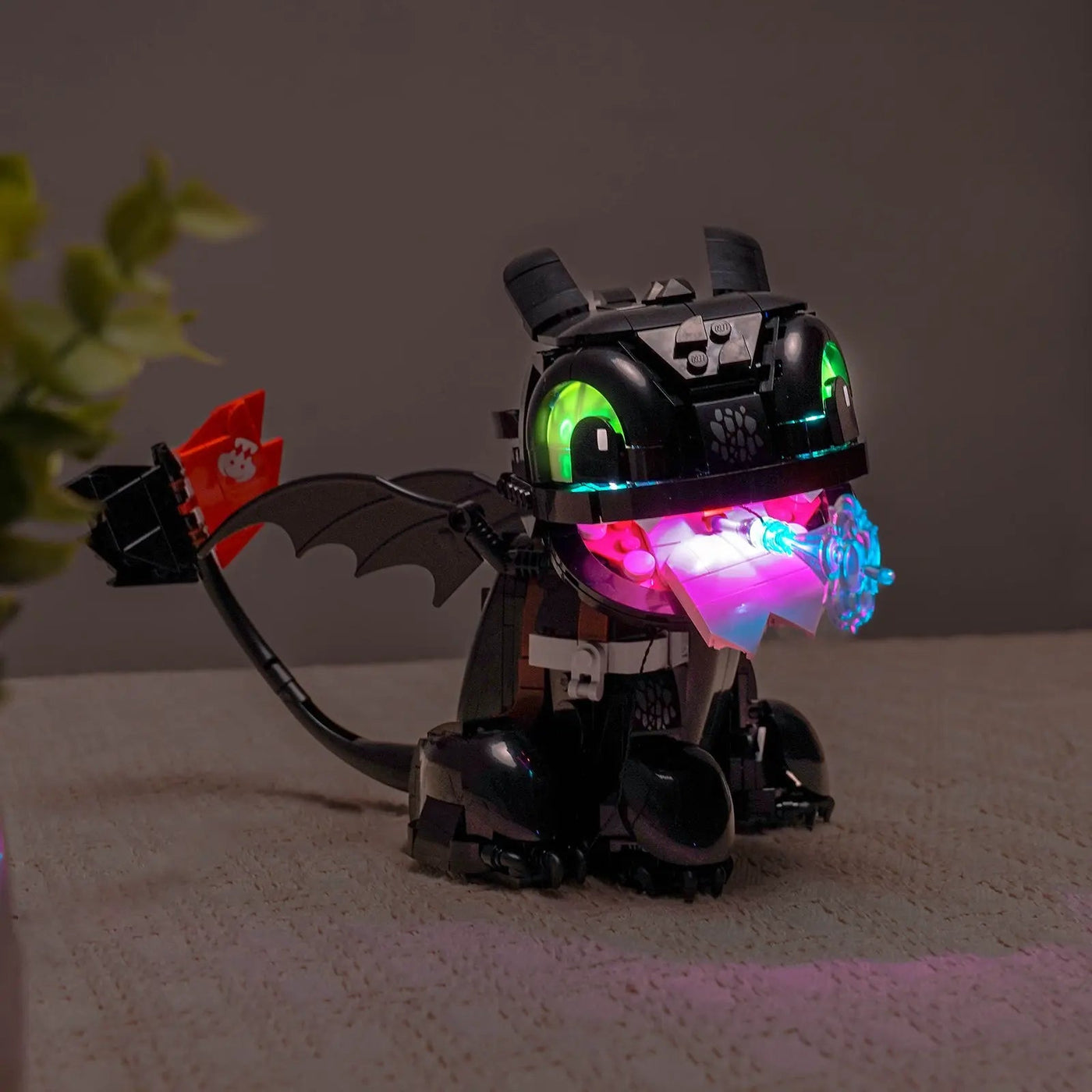 USB-powered LED light kit for LEGO® Icons How to Train Your Dragon: Toothless #10375, before-and-after lighting