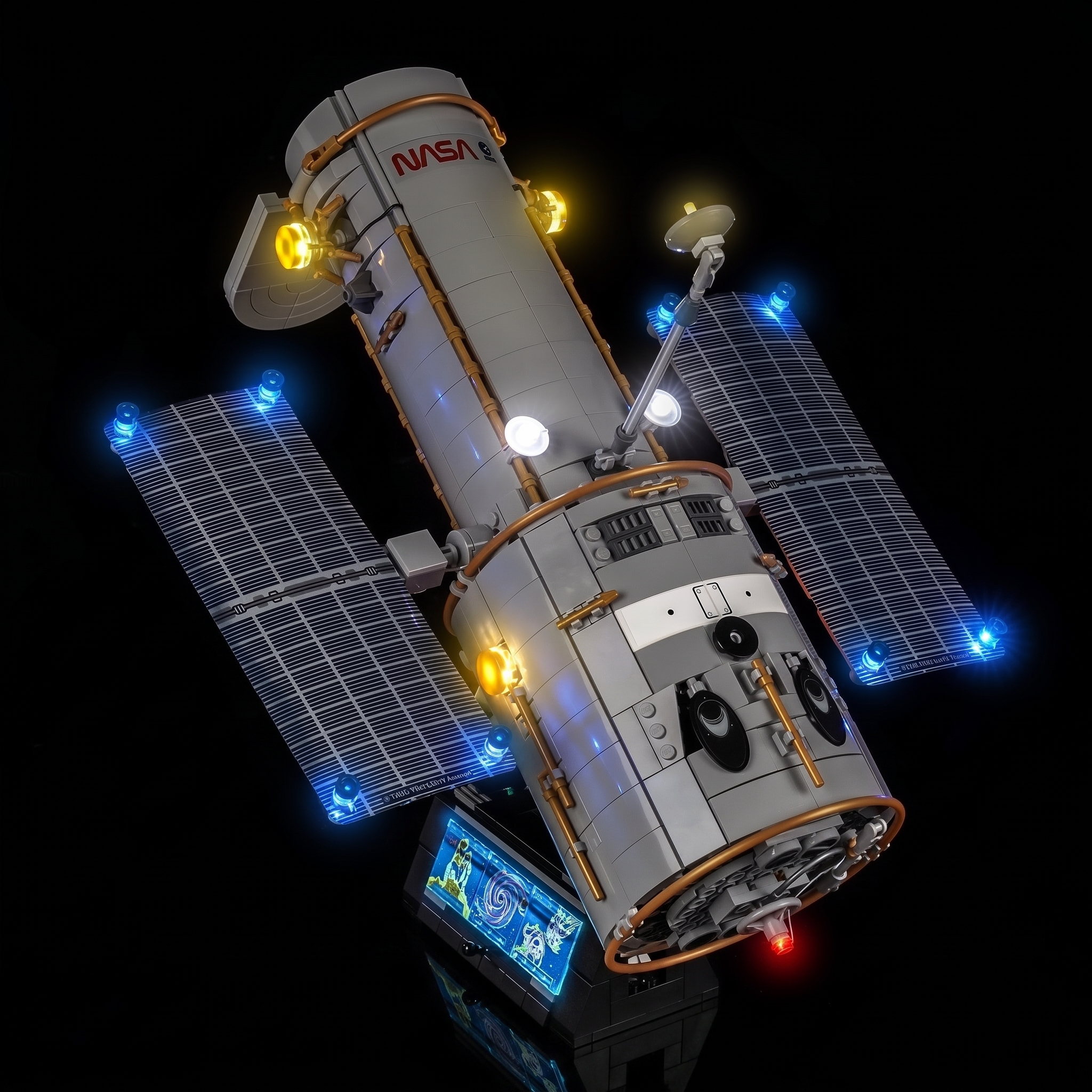 LED kit powered on: Bright My Bricks LED lighting kit for LEGO® Icons Hubble Space Telescope #11382