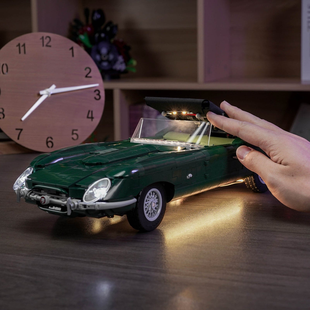 Bright My Bricks LED light kit for LEGO® Icons Jaguar E-Type #11381 — fully illuminated on display