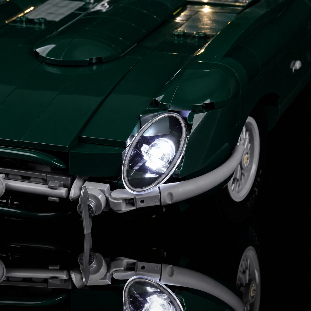 Bright My Bricks LED light kit for LEGO® Icons Jaguar E-Type #11381 — ambient LED glow across the build