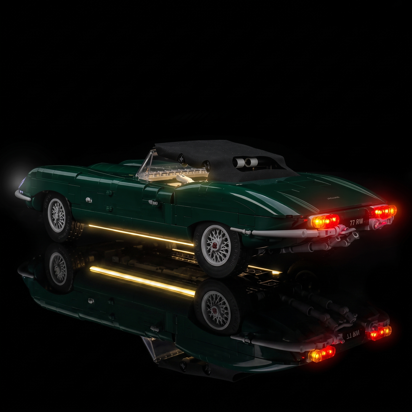 Bright My Bricks LED light kit for LEGO® Icons Jaguar E-Type #11381 — installed and glowing