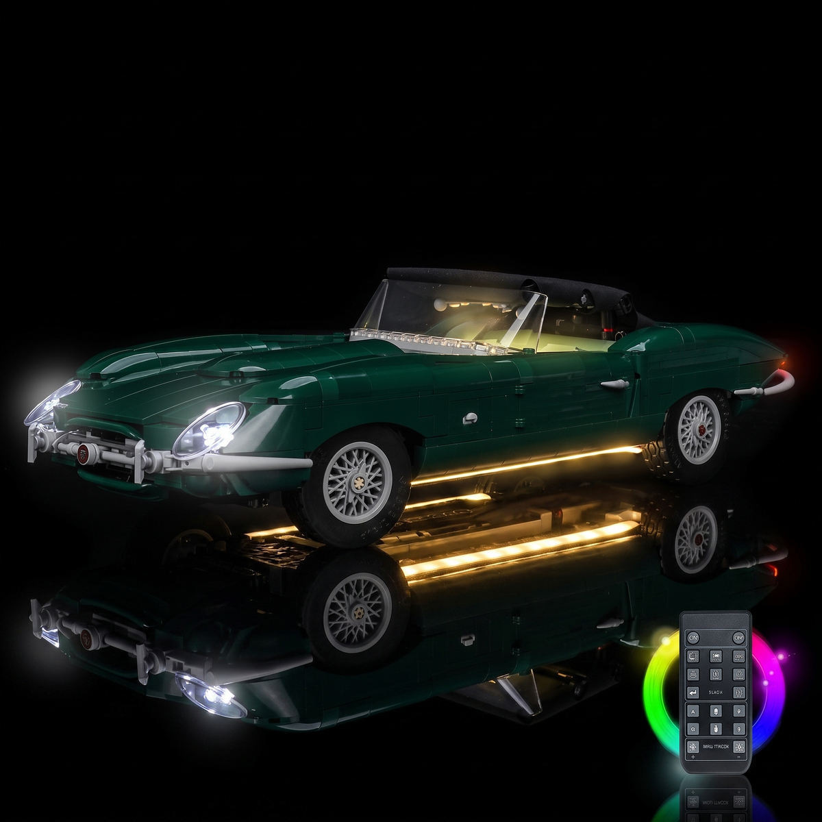 LEGO® Icons Jaguar E-Type #11381 lighting effect on the build, with the premium LED light kit