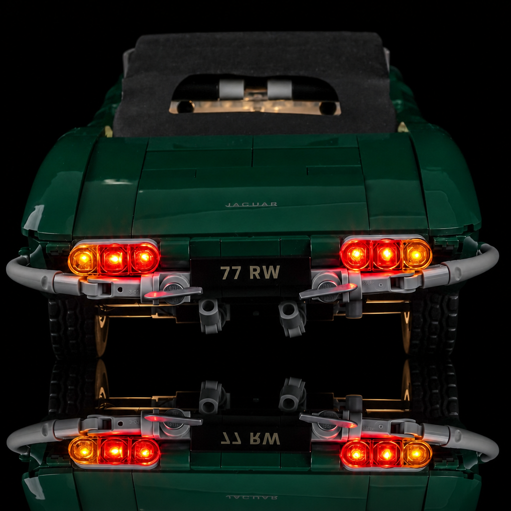 LED kit powered on: Bright My Bricks LED lighting kit for LEGO® Icons Jaguar E-Type #11381