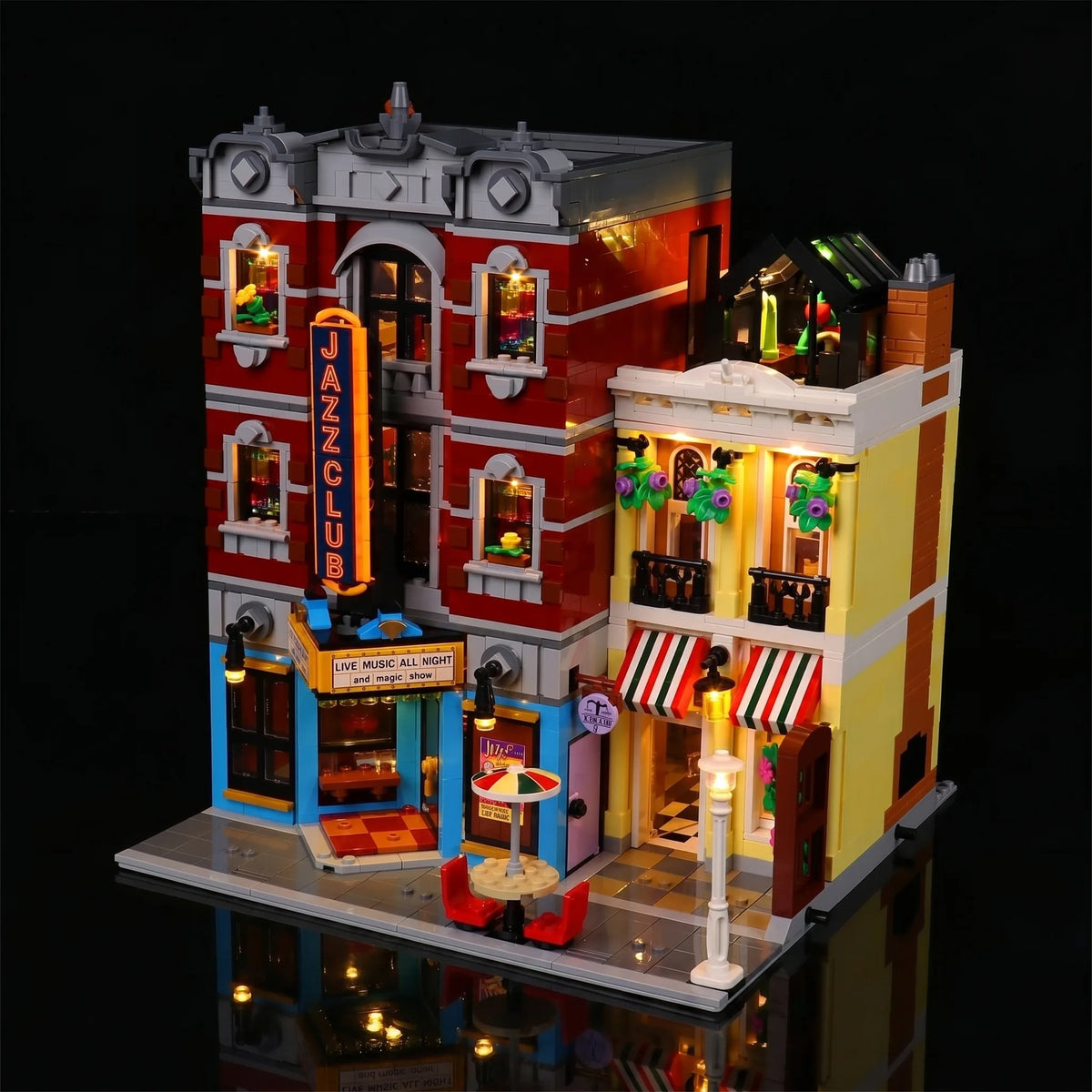 LEGO® Icons Jazz Club #10312 — side angle with lights on (light kit)