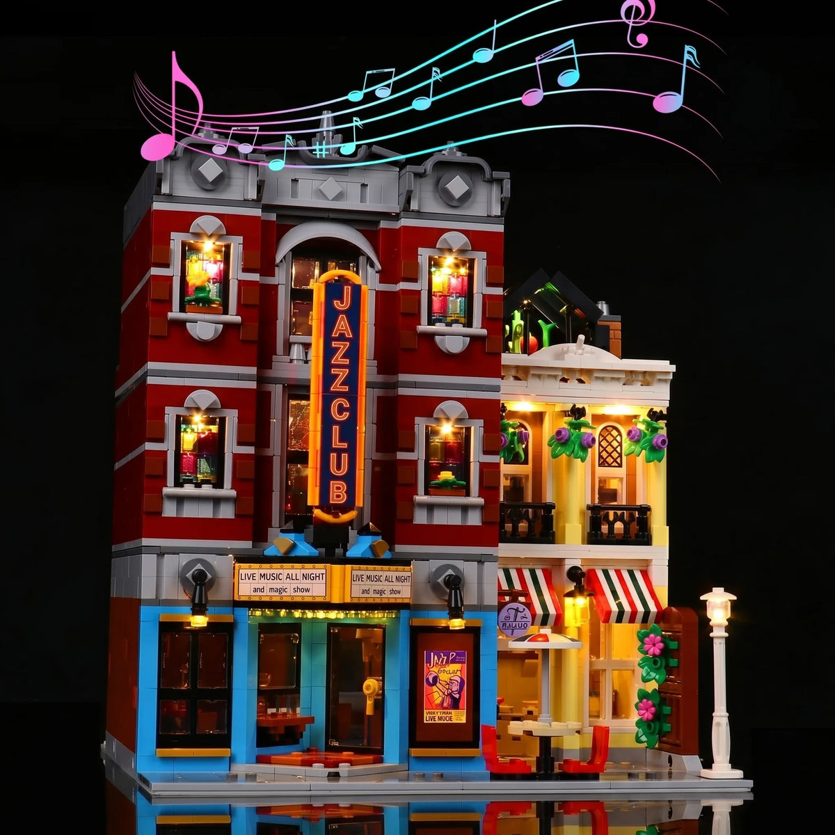Bright My Bricks RGB LED light kit for LEGO® Icons Jazz Club #10312 — illuminated at night