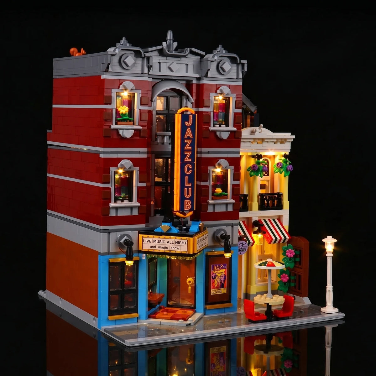 custom LED lighting for LEGO® Icons Jazz Club #10312, installed and glowing