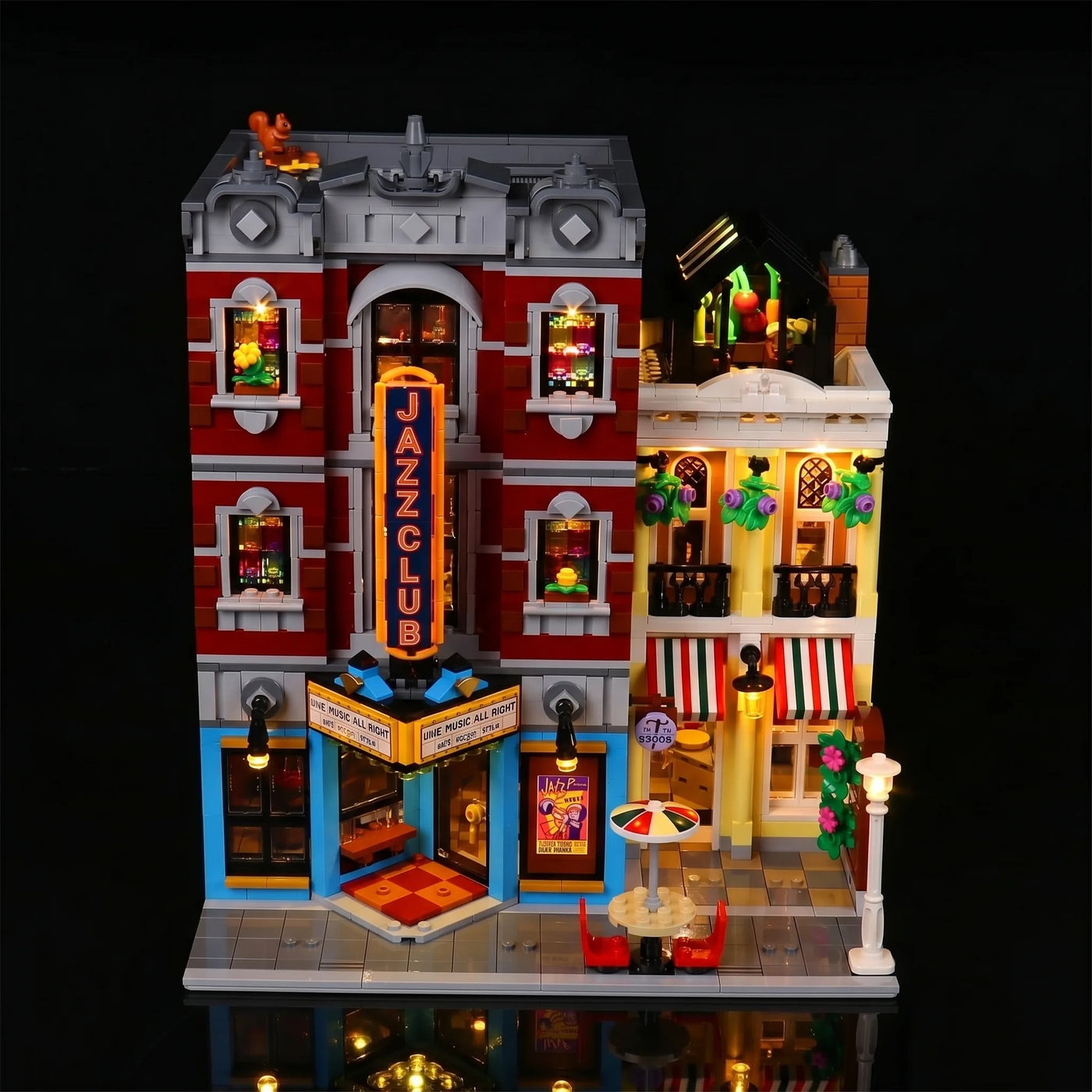 LEGO® Icons Jazz Club #10312 front view fully lit, with the display light kit