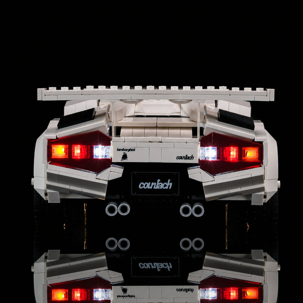 LEGO® Icons Lamborghini Countach #5000 close-up of the LED lighting detail, with the USB-powered LED light kit