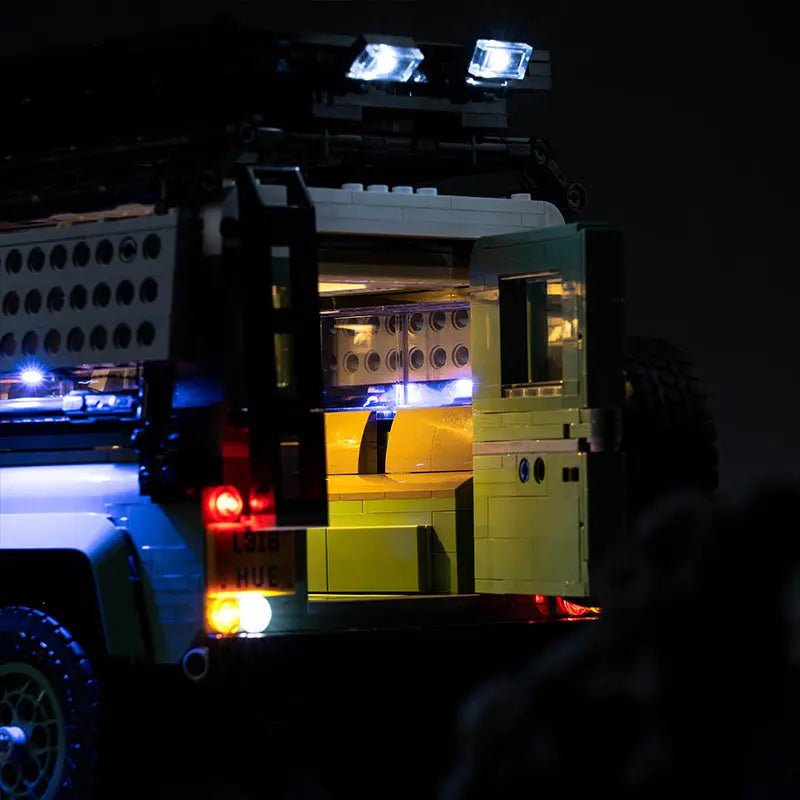 LEGO® Icons Land Rover Classic Defender 90 #10317 — fully illuminated on display (RGB LED light kit)