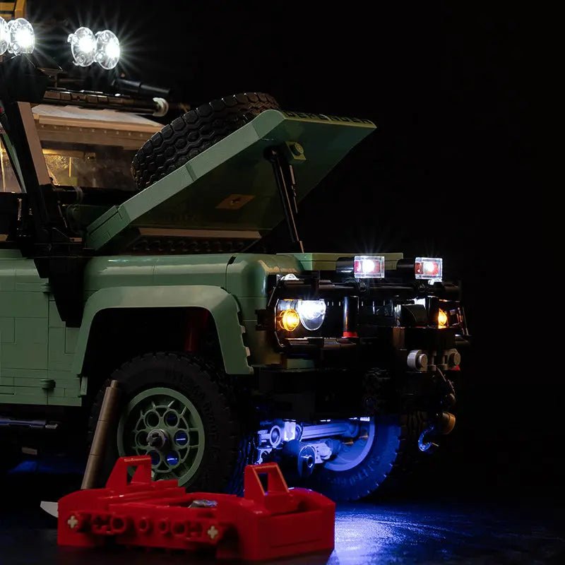 LEGO® Icons Land Rover Classic Defender 90 #10317 — front view fully lit (RGB LED light kit)