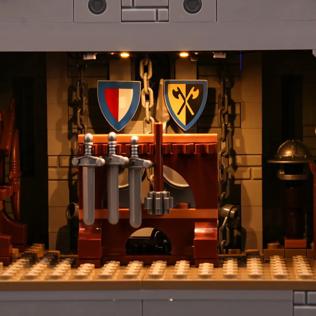 side angle with lights on: Bright My Bricks RGB LED light kit for LEGO® Icons Lion Knights' Castle #10305