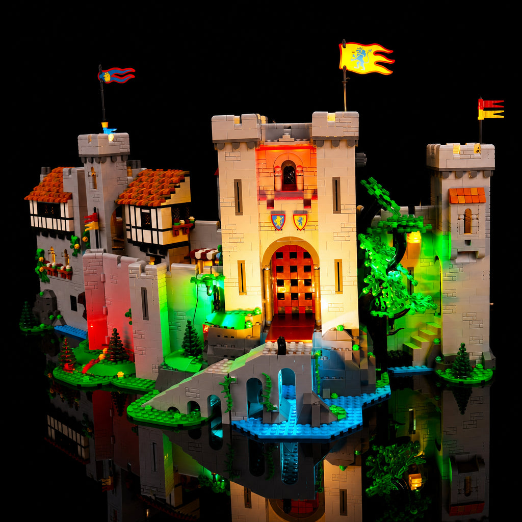 LEGO® Icons Lion Knights' Castle #10305 display lighting in a dark room, with the USB-powered LED light kit