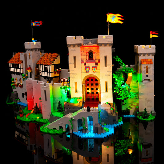 LEGO® Icons Lion Knights' Castle #10305 display lighting in a dark room, with the USB-powered LED light kit